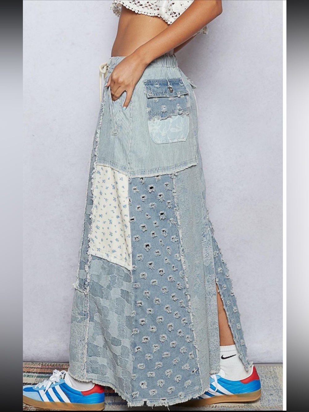 POL Maxed Out Corded Waist Patchwork Denim Skirt - Picture 15 of 16